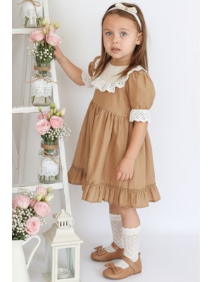 Parla Kids Kız Çocuk Ruby Kahverengi Fırfırlı Dantel Detaylı Kısa Kollu Elbise Bandana Takım