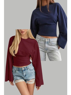 Tarz Cool Lacivert - Bordo 2li Paket Kadın Uzun Kollu Belden Oturtmalı Bluz