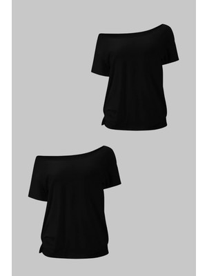 Tarz Cool Siyah 2li Paket Kadın Düşük Omuz Kayık Yaka Oversize T-Shirt