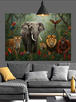 Karizma Tablo Aslan ve Fil Doğa Manzarası Dekoratif Kanvas - Mdf Ahşap Tablo