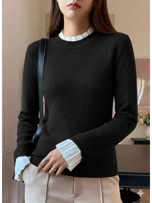 Kadın Uzun Kollu Fırfırlı Yakalı Triko Bluz