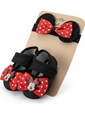 Masal Dünyası Bursa Siyah Minnie Mouse Temalı Kız Bebek Bez Ayakkabı ve Saç Bandı Seti 0-3 Ay