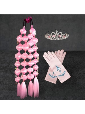 3b Kids Prenses Pembe Buble Tokalı Saç + Prenses Taç + Pembe Eldiven Doğum Günü Parti Düğün Seti