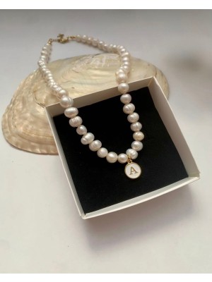 Taşmir Sertifikalı Gerçek Doğal Beyaz Inci Kadın Kolye Çelik Bağlantı Aparatlı 8 mm Harfli 55 cm 7 cm Uzatma