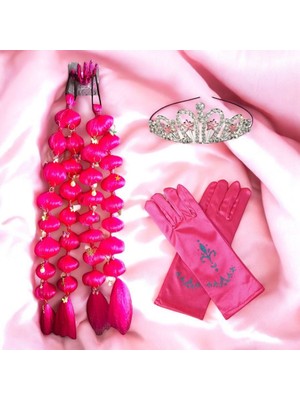 3b Kids Baribii Prenses Pembe Buble Tokalı Saç + Prenses Taç + Pembe Eldiven Doğum Günü Parti Düğün Seti