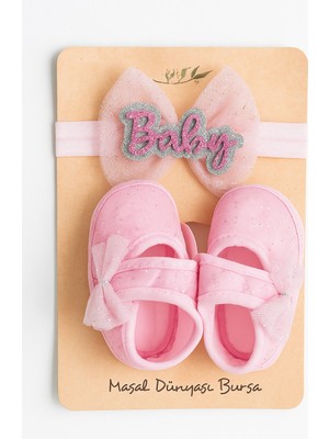 Masal Dünyası Bursa Pembe Tüllü Baby Yazılı Kız Bebek Saç Bandı ve Bez Patik Ayakkabı Seti 0-3 Ay