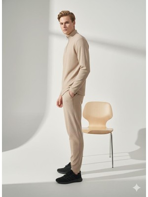 Ribana Classic Unisex Fitilli Gömlek Yaka Fermuarlı Cepli Beli Lastikli Triko Alt Üst Takım