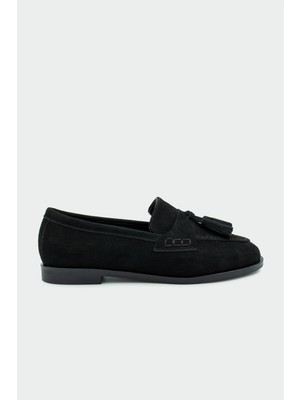 Laminta Leather Siyah Süet Püskül Detaylı Düz Taban Ayakkabı