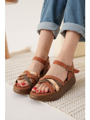 Etiler Collection Herry Taba Altın Detaylı Hakiki Deri Sandalet