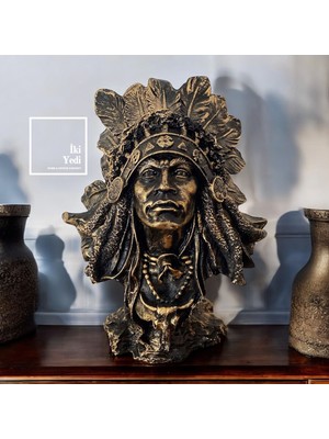 İki Yedi Konsept Dekoratif Kızılderili Büstü Antik Görünümlü Otantik Heykel Obje Ev ve Ofis Için Özel Tasarım Dekor