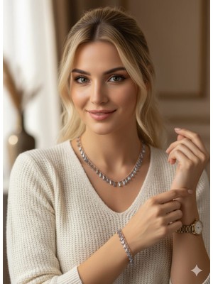 925 Ayar Papatya Silver Mistik Taşlı Kolye Bileklik Set.rose.gold.rodaj