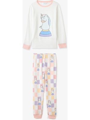 Penti Kırık Beyaz Kız Çocuk Chessicorn Unicorn DesenliUzun Kollu Pijama Takımı