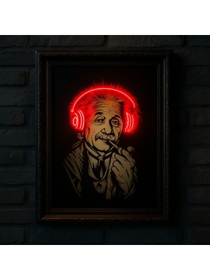 Einstein Neon Kulaklık Temalı Duvar Tablosu (Çerçeveli)