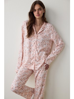 Penti Açık Pembe Ellie Çiçekli Gömlek Yaka Uzun Kol Pijama Takımı