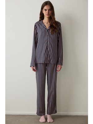 Penti Lacivert Çizgili Gömlek Yaka Uzun Kollu Pijama Takımı