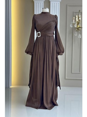 Amine Hüma Hira Abiye Elbise Koyu Kahve