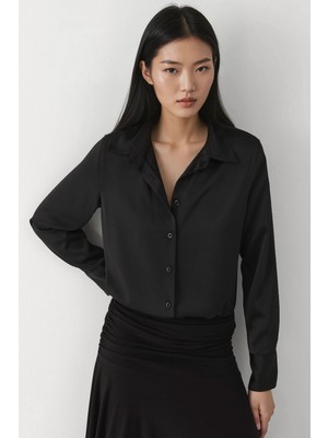 Hiccup Kadın Uzun Kollu Saten Gömlek Siyah