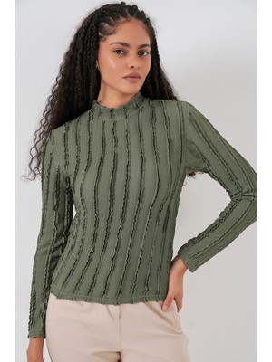 Hiccup Kadınlar BDART Dokulu Slim Fit Dik Yaka Bluz Haki Yeşil
