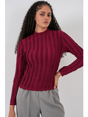 Hiccup Kadınlar BDART Dokulu Slim Fit Dik Yaka Bluz Bordo Kırmızı