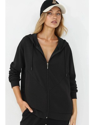 Hiccup Kadınlar Modal Touch Fermuarlı Kapşonlu Sweatshirt Siyah