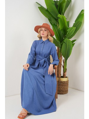 Hiccup Kadın BDART Uzun Kollu Kuşak Detaylı A Form Maxi Elbise Oxford Mavisi