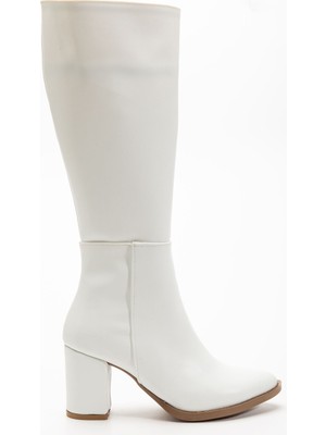 İnfon Ayakkabı Marketi YSN-4422 Beyaz Cilt Topuklu Kadın Çizme
