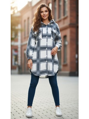Kapüşonlu Kare Desenli Kadın Polar Gömlek