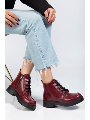 İnfon Ayakkabı Marketi 02-2001 Bordo Kırışık Rugan Bağcıklı Fermuarlı Günlük Kadın Bot