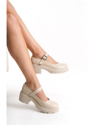 İnfon Ayakkabı Marketi K-708 Bej Kırışık Rugan Tokalı Yüksek Tabanlı Loafer Ayakkabı