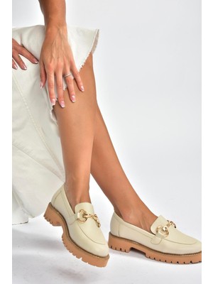 Fox Shoes V944082303 Bej Hakiki Deri Kalın Taban Tokalı Makosen Günlük Ayakkabı