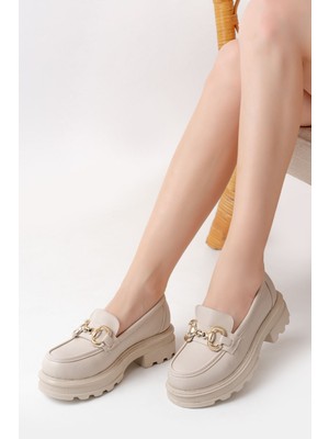 İnfon Ayakkabı Marketi 745-773 Bej Günlük Yüksek Tabanlı Loafer Ayakkabı