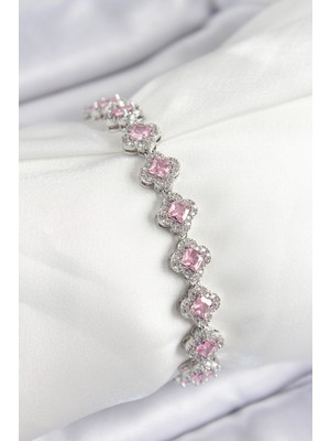 Dktt Pirinç Zirkon Taşlı Pembe Yonca Baget Model Gümüş Renk VIP Seri Kadın Bileklik - TJ-BB7505