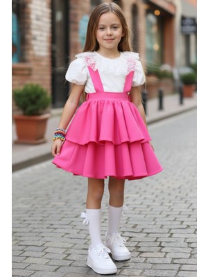 Kız Çocuk Helen Pembe Askılı Kat Kat Bağlama Jile Elbise Dantel Detay Ekru Kısa Kollu Bluz Takım TKM-0181.3