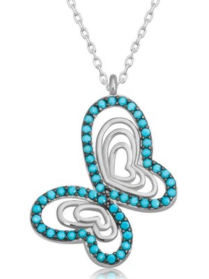 Gumush Hk Gümüş Kadın Kolye Turkuaz Taşlı Kelebek Kadın|Gümüş Takı Hediyelik Ürünler