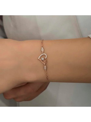 Gumush Hk Gümüş Kadın Bileklik Rose Kalpli Tektaş |Gümüş Takı Hediyelik Ürünler