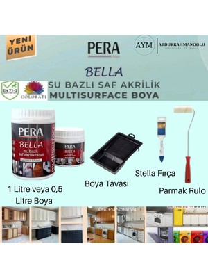 Pera Bella Su Bazlı Saf Akrilik Hobi Boyası 4 Parça Set 0,5 Litre Boya - Boya Tavası - Stella İpek Fırça - Parmak Rulo (Fayans-Mermer-Tezgah-Kapı-Dolap-Iç Cephe-Dönüşüm-Mutfak-Banyo-Plastik-Ahşap)
