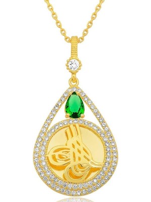 Gumush Hk Gümüş Kadın Kolye Gold Kaplama Damla Tuğralı |Gümüş Takı Hediyelik Ürünler