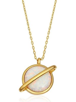 Gumush Hk Gümüş Kadın Kolye Gold Opal Taşlı Gezegen |Gümüş Takı Hediyelik Ürünler