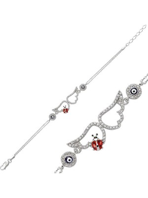 Gumush Hk Gümüş Kadın Bileklik Uğur Böcekli Melek Kanadı |Gümüş Takı Hediyelik Ürünler