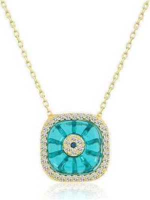 Gumush Hk Gümüş Kadın Kolye Gold Kare Camgöz Nazar |Gümüş Takı Hediyelik Ürünler