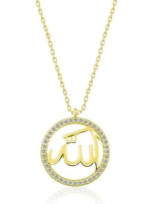 Gumush Hk Gümüş Kadın Kolye Gold Arapça Allah Yazılı |Gümüş Takı Hediyelik Ürünler