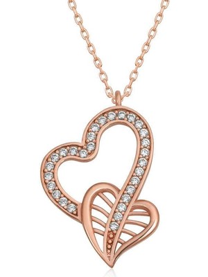 Gumush Hk Gümüş Kadın Kolye Rose Birleşmiş Kalpler |Gümüş Takı Hediyelik Ürünler