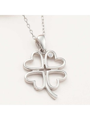 Gumush Hk Gümüş Kadın Kolye Kalpli Dört Yapraklı Yonca |Gümüş Takı Hediyelik Ürünler