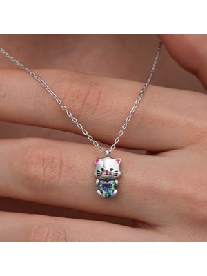 Gumush Hk Gümüş Kadın Kolye Mistik Topaz Taşlı Sevimli Kedi |Gümüş Takı Hediyelik Ürünler