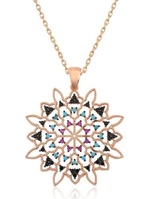 Gumush Hk Gümüş Kadın Kolye Rose Geometrik Desenli Madalyon |Gümüş Takı Hediyelik Ürünler
