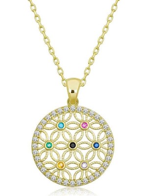 Gumush Hk Gümüş Kadın Kolye Gold Renkli Taşlı Yaşam Çiçeği |Gümüş Takı Hediyelik Ürünler