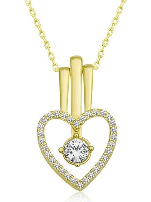 Gumush Hk Gümüş Kadın Kolye Gold Kalpli Tek Taş |Gümüş Takı Hediyelik Ürünler