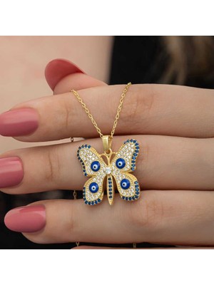 Gumush Hk Gümüş Kadın Kolye Gold Nazarlı Kelebek |Gümüş Takı Hediyelik Ürünler