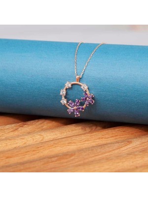 Gumush Hk Gümüş Kadın Kolye Rose Mor Çiçek |Gümüş Takı Hediyelik Ürünler