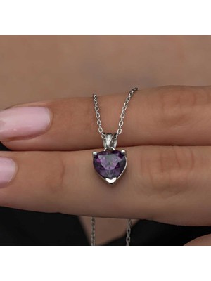 Gumush Hk Gümüş Kadın Kolye Mor Taşlı Kalpli |Gümüş Takı Hediyelik Ürünler